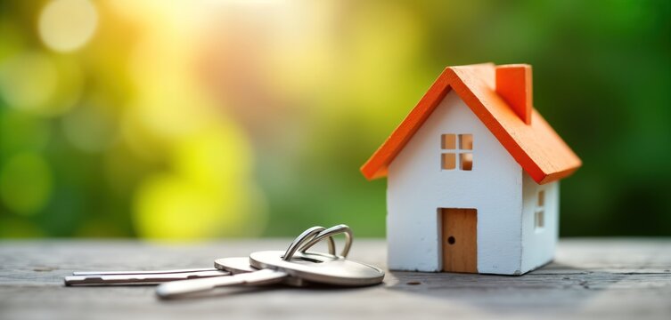 Small house model with orange roof, silver keys on wooden surface. Real estate concept. Home purchase. New property. Residential building. Security, property. Buy house. Model house. Housing market. - Powered by Adobe