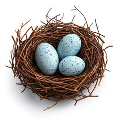Obraz premium small birdâ???s nest made of twigs and straw, holding three blue speckled eggs, isolated on a clean white background