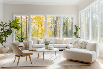 Fototapeta premium A living room with white furniture and a white rug