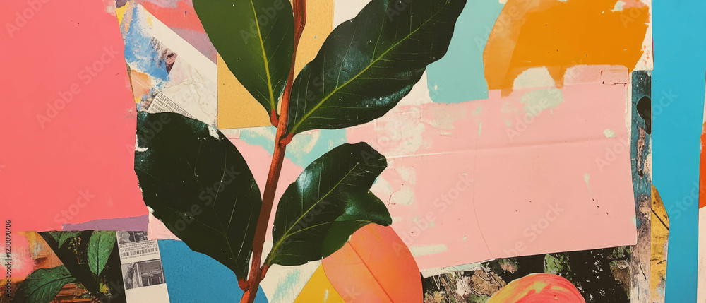 Poster mixed media collage featuring colorful paper and natural elements creating a playful composition