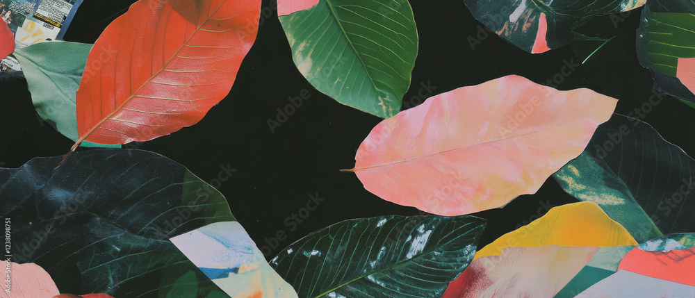 Poster playful exploration of leaf patterns in a mixed media collage with vibrant textures