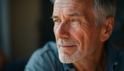 Fototapeta premium Thoughtful elderly man gazing out of a window in soft light