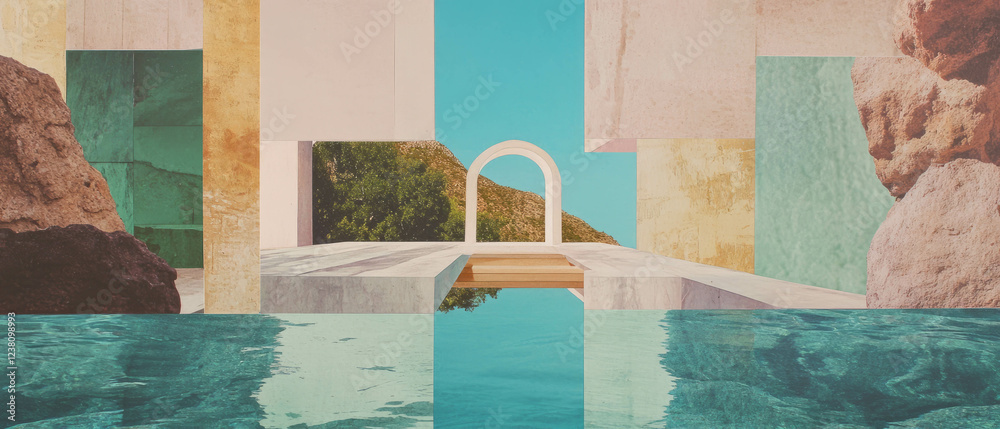 Poster minimalistic mixed media collage highlighting sustainable architecture and natural textures