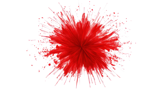 Red paint splashing on transparent background with radial symmetry