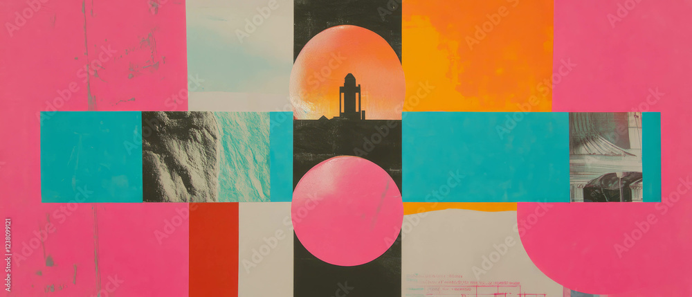 Poster minimalistic mixed media collage blending geometric forms and vibrant textures