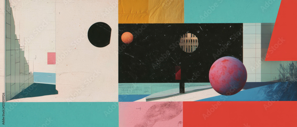 Poster minimalistic mixed media collage of geometric forms and building silhouette with diverse textures