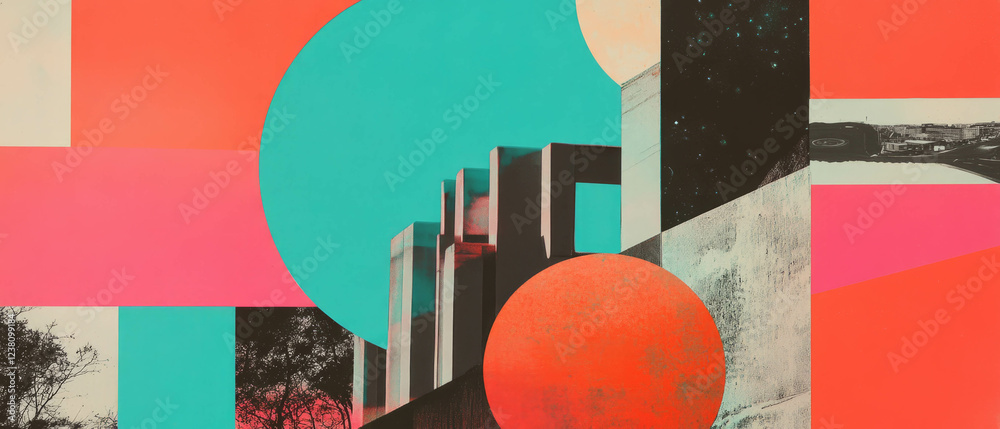 Poster minimalistic mixed media collage featuring geometric forms and a central building silhouette