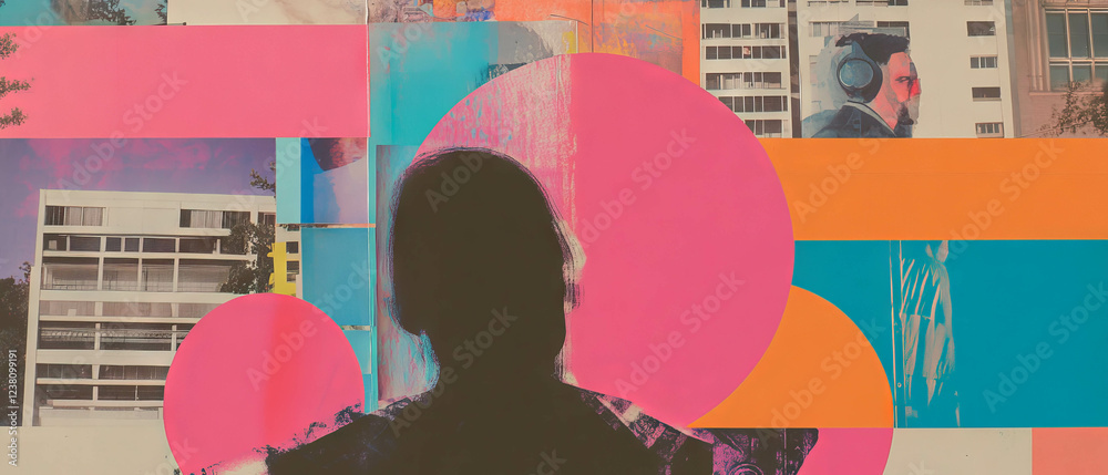 Poster creative collage showcasing geometric forms and vibrant textures in a minimalist style