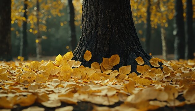 Golden autumn leaves scattered around a tree base in a forest clearing