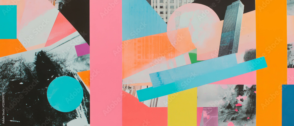Poster minimalistic mixed media collage featuring vibrant geometric shapes and skyscraper elements