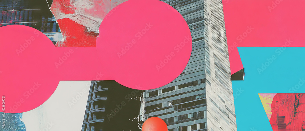 Poster minimalistic mixed media collage featuring geometric shapes and skyscraper fragments