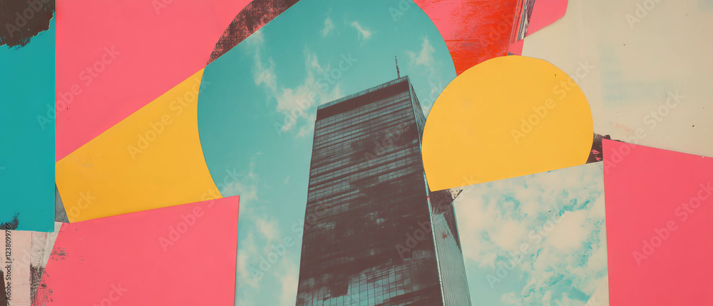 Poster minimalistic mixed media collage featuring a fragmented skyscraper and colorful geometric shapes