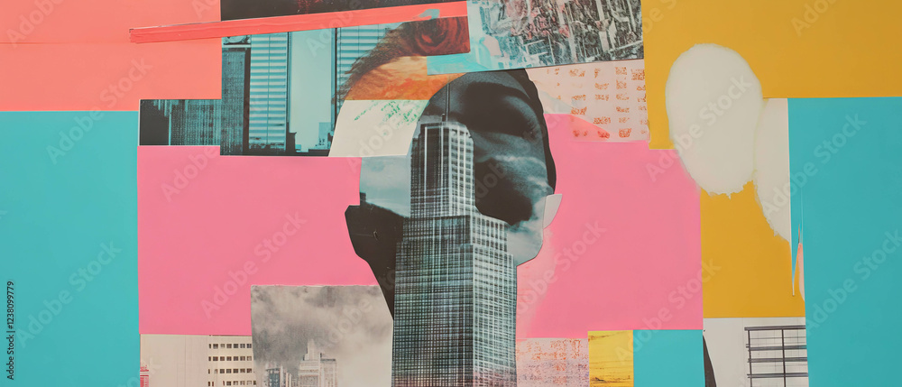 Poster mixed media collage featuring geometric shapes and a fragmented skyscraper in vibrant colors