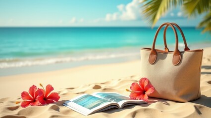 Magazine Mockup with Flowers,  Magazine on sand hibiscus flowers beach scene photorealistic view.