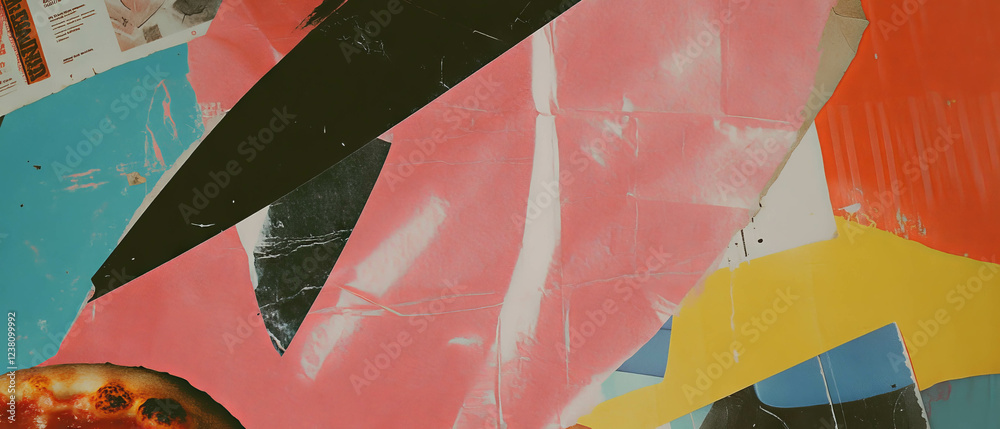 Poster Minimalistic mixed media collage using pizza box fragments and colorful textures
