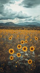Obraz premium Golden sunflowers under soft cloudy skies in a vast field setting