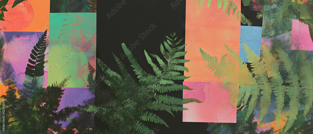 Poster minimalistic mixed media collage featuring pressed ferns on a dark background