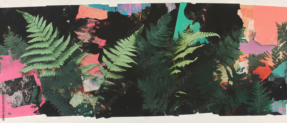 Poster mixed media collage featuring pressed ferns and colorful textures on a dark background