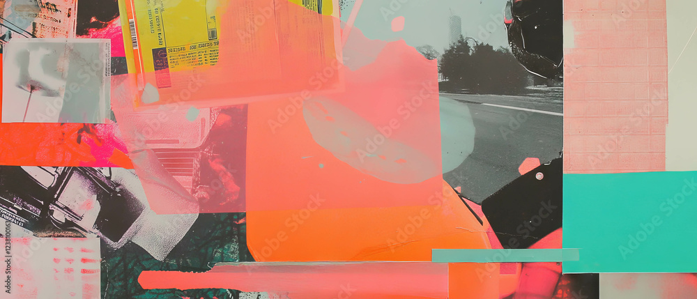 Poster Creative exploration in a minimalistic mixed media collage with vibrant textures and patterns