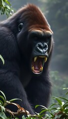 Fototapeta premium Large Or Big Silverback Black Gorilla Angry Powerful Animal Roaring Jungle Wildlife Nature