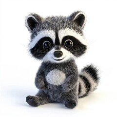 Obraz premium Small raccoon plush toy with black mask markings and a bushy tail, isolated on a clean white background
