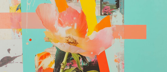 Playful mixed media collage with seed patterns and colorful paper cutouts