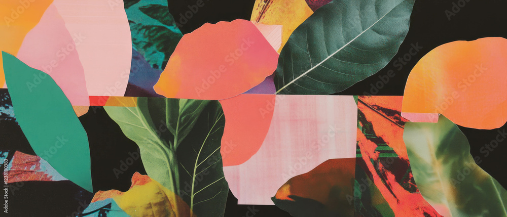 Poster Minimalistic mixed media collage with stylized leaf patterns and playful textures