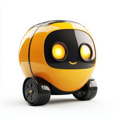 Fototapeta premium small, round robot on wheels with a shiny yellow body and a glowing screen face, isolated on a clean white background