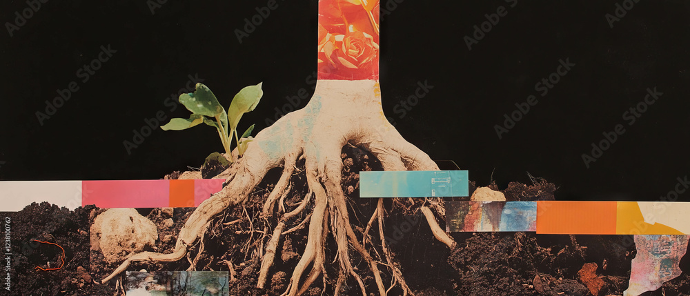 Aufkleber Exploring textures and colors in a minimalistic mixed media collage with roots and soil