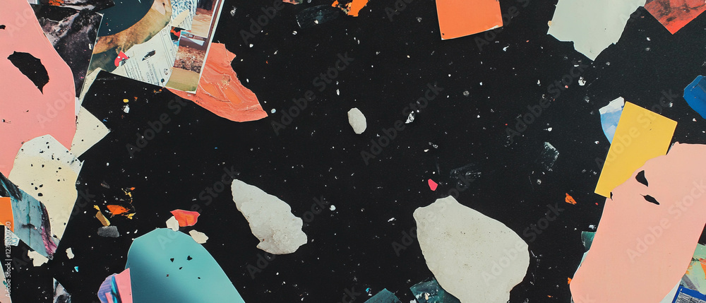Poster mixed media collage with playful textures and dark background elements