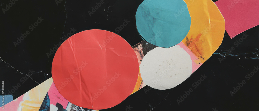 Poster exploration of textures in a minimalistic mixed media collage with colorful cutouts