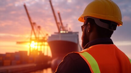 Urban Industrial Logistics Aesthetic Port Worker in Safety Gear with Shipping Containers and Cranes at Sunset - Enhancing Efficiency and Sustainability in Global Supply Chains