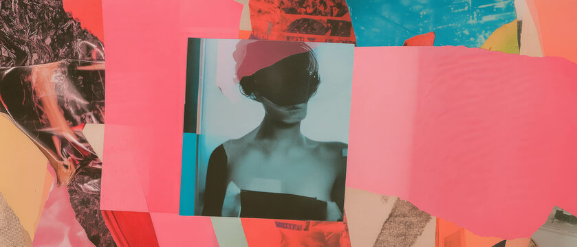 Minimalistic mixed media collage showcasing a vibrant fashion studio theme with textile textures