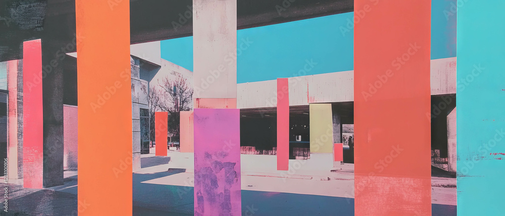 Poster minimalistic mixed media collage showcasing industrial architecture with vibrant textures