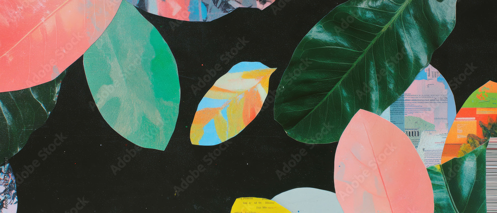 Poster minimalistic mixed media collage with vibrant leaves and textured layers on a black background