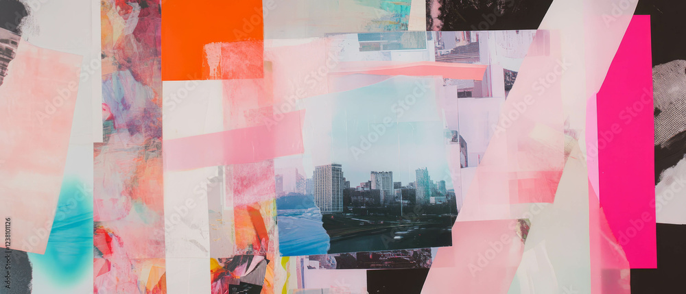 Poster mixed media collage showcasing panoramic city view with colorful textures and playful elements