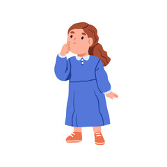 Girl thinking, doubting with puzzled worried face expression. Confused lost doubtful troubled child wondering. Uncertain thoughtful emotion. Flat vector illustration isolated on white background