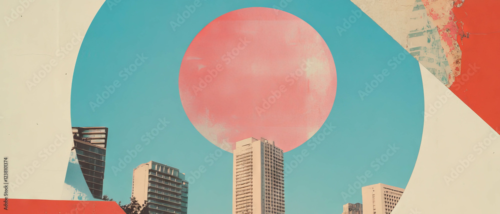 Aufkleber exploring minimalistic mixed media with geometric shapes and urban skyline influences