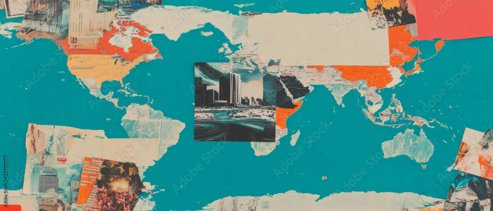 Aufkleber exploring global trade through minimalistic mixed media collage of business and maps