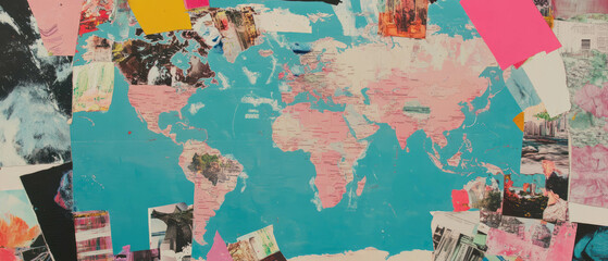 Naklejka premium Creative collage combining a world map and international business center with vibrant textures