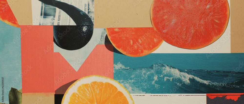 Poster minimalistic mixed media constructivist collage featuring geometric fruit forms and vibrant textures