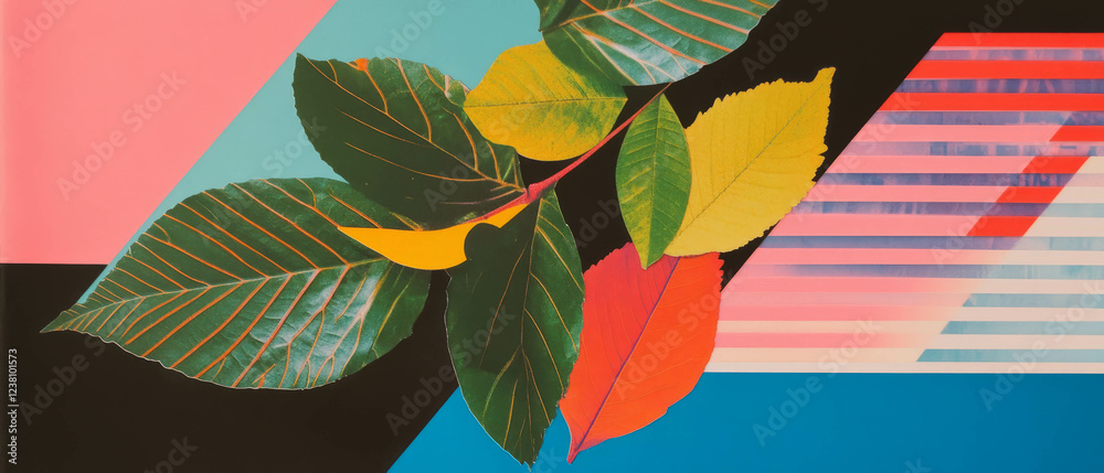 Poster minimalistic mixed media collage showcasing geometric leaf shapes on a colorful background
