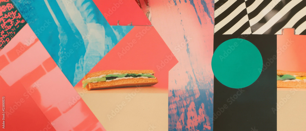 Poster mixed media constructivist collage with geometric shapes and colorful textures