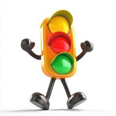 Fototapeta premium Smiling traffic light character with arms and legs, switching colors playfully, placed on a bright white background