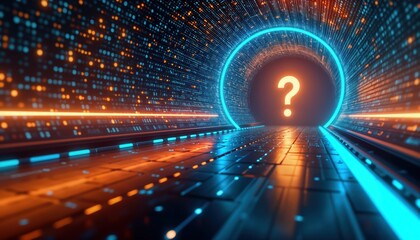 Futuristic digital tunnel filled with glowing neon lights, code. Glowing question mark leads into mystery. Tech inspired space design. Abstract digital landscape with vibrant colours. Interactive