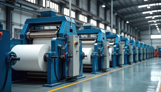 Modern paper mill factory shows machines processing wood pulp into paper rolls. Industrial equipment efficiently converts raw material into finished product in large warehouse. Eco-friendly tech