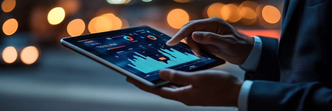 Analyzing Financial Data A Businessman Views Charts on Tablet With Illuminated City Backdrop.