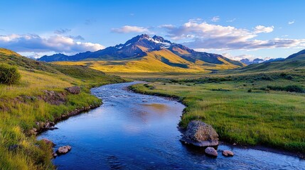 Mountain river valley sunset landscape, peaceful nature scene, travel background