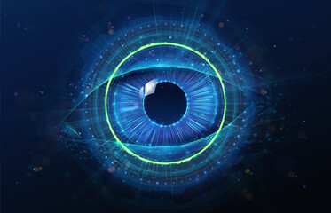 Abstract illustration of low poly human eye in the center. Blue geometric background depicting human vision diagnostic, ophthalmology, eyes healthcare medical technology concept by wireframe mesh