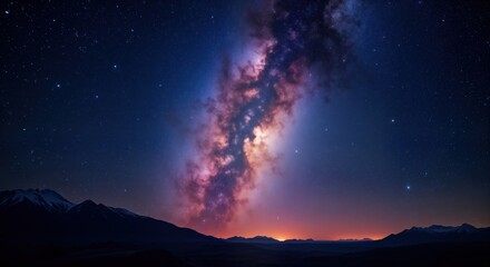 Naklejka premium Night sky view over mountains. Milky way galaxy glows over dark landscape. Stars twinkle above silhouettes of mountain ranges. Sunrise colors paint the horizon. Stunning celestial view.